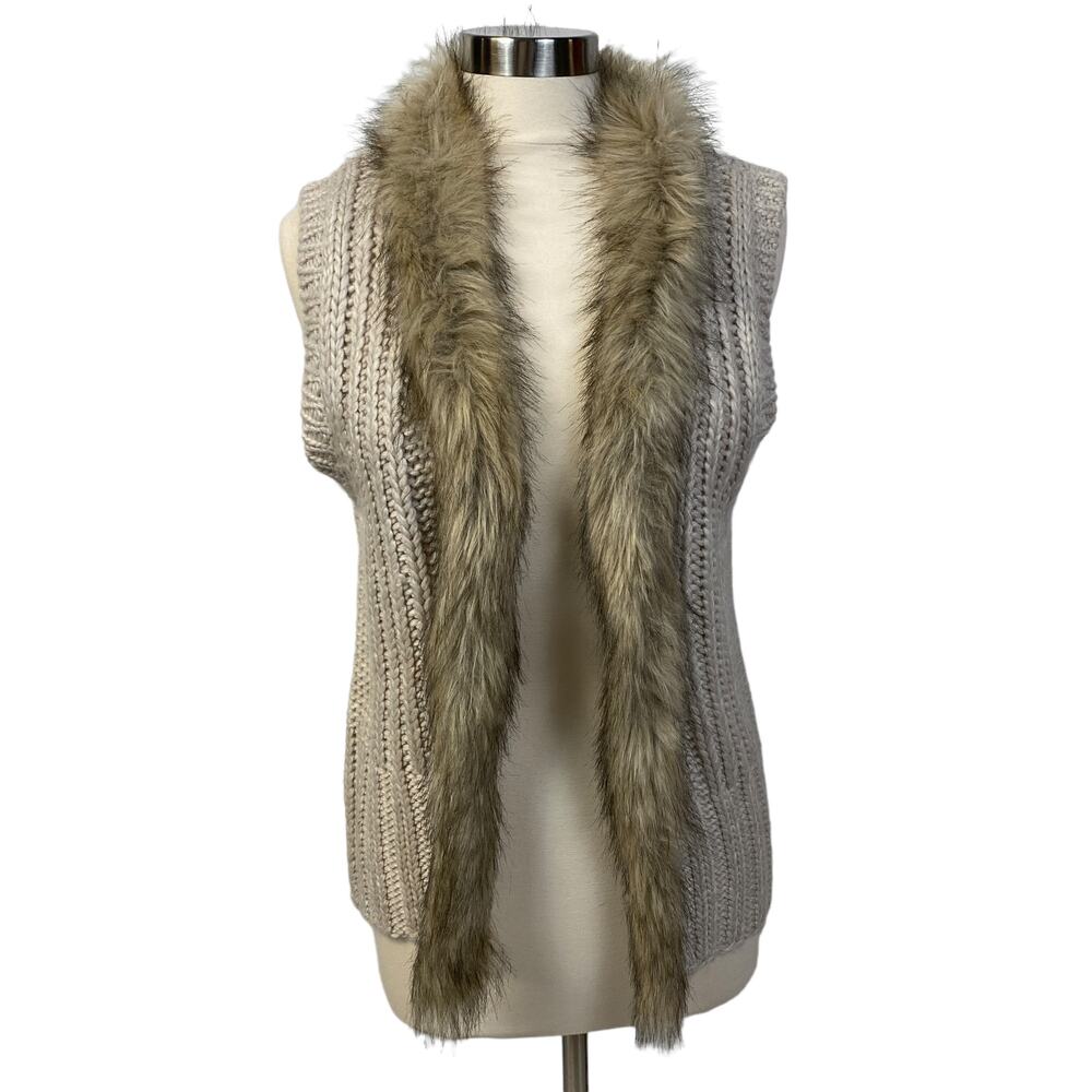 Alfani Cream Knit Sleeveless Cardigan with Faux Fur Trim